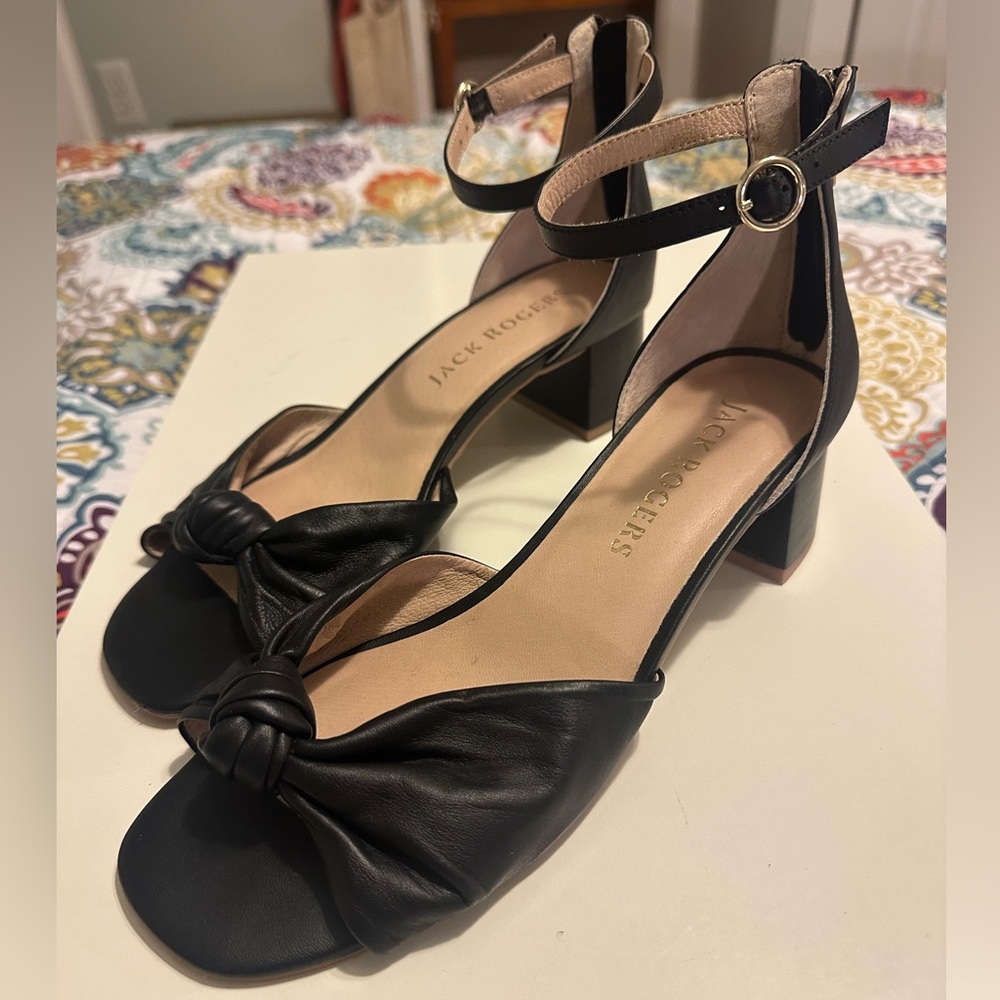 Jack Rogers Black Leather Knot Women's Block Heel Sandals Sz 9